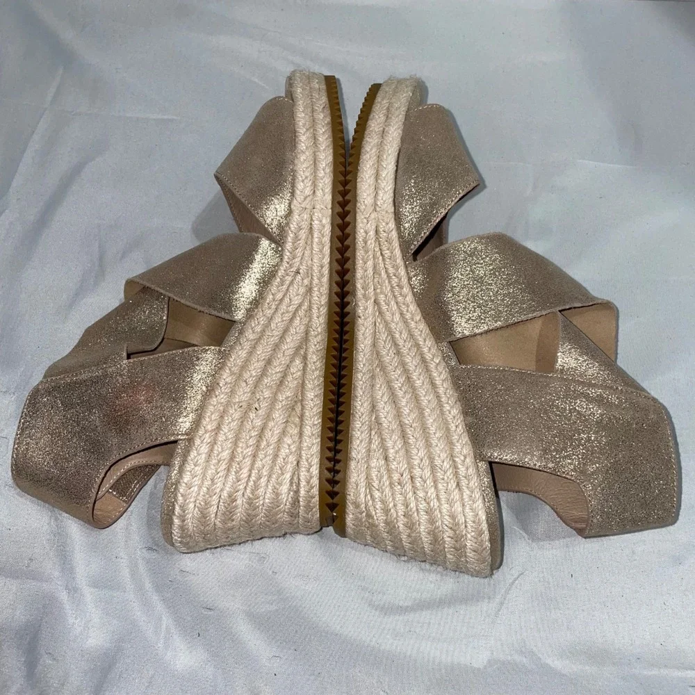 Eileen Fisher‎ Gold Metallic Suede Espadrille Wedge Sandals Womens Strappy Shoes